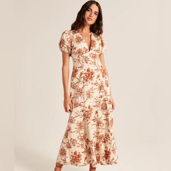 Abercrombie & Fitch Dresses & Skirts - Abercrombie and Fitch Cream Floral Printed Poplin Puff Sleeve Midi Dress XS